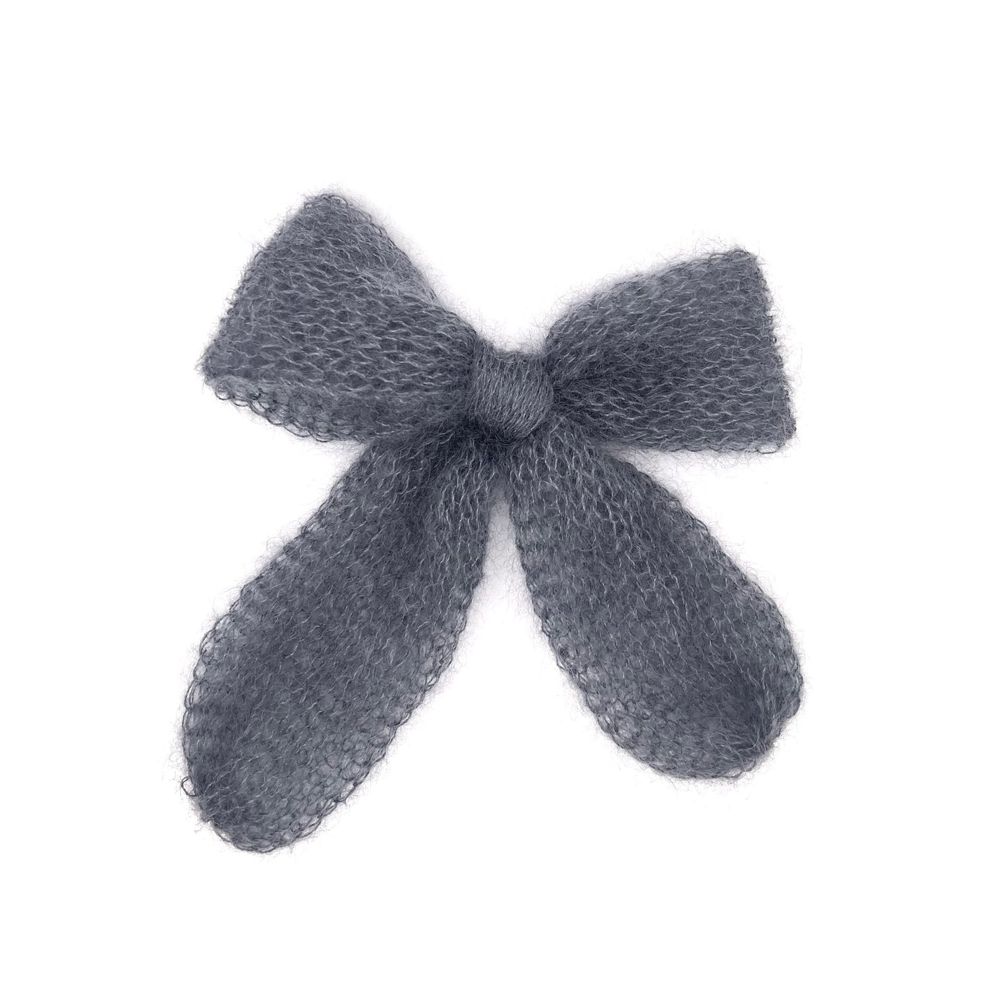 A mid-to-dark grey knitted mohair bow on a white background