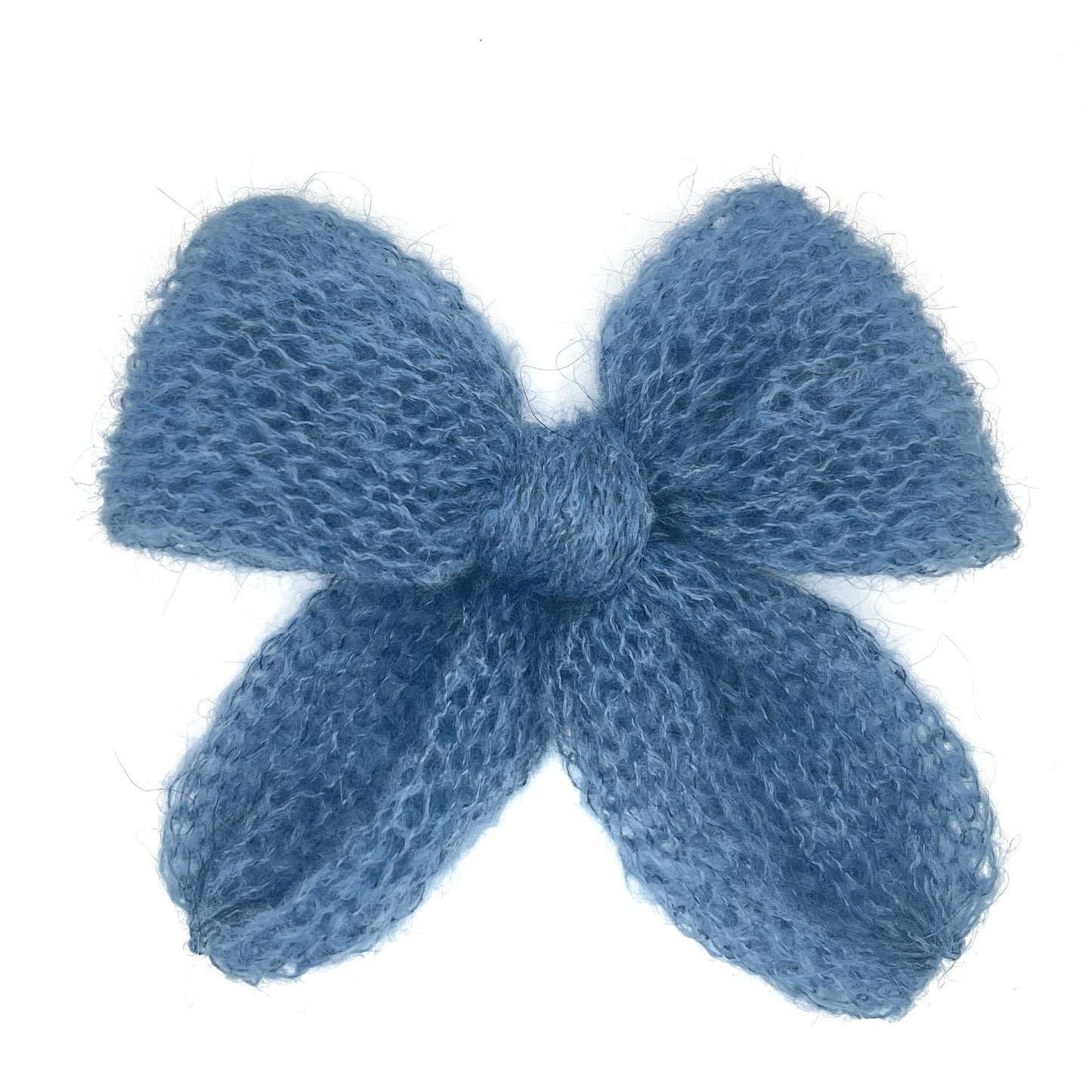 A cornflower-blue knitted mohair bow on a white background